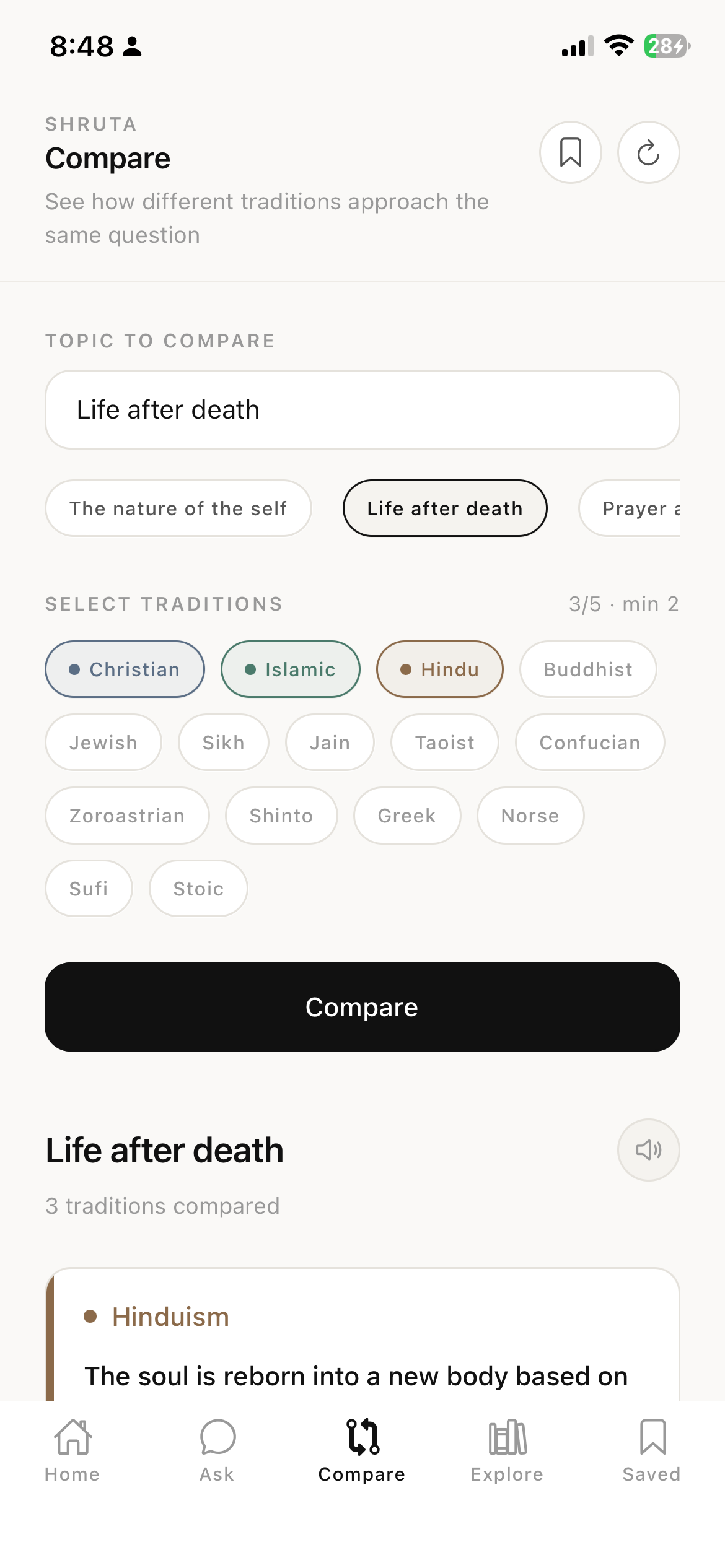 Compare traditions screen